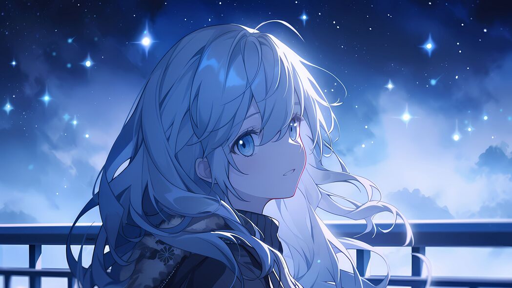 夜晚天空下，女孩飘逸蓝发动漫4K壁纸，高清3840x2160免费下载