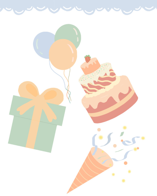 生日派对设计素材，手绘蛋糕、气球、礼物PNG高清图，卡通可爱，透明背景，节日元素大放送！