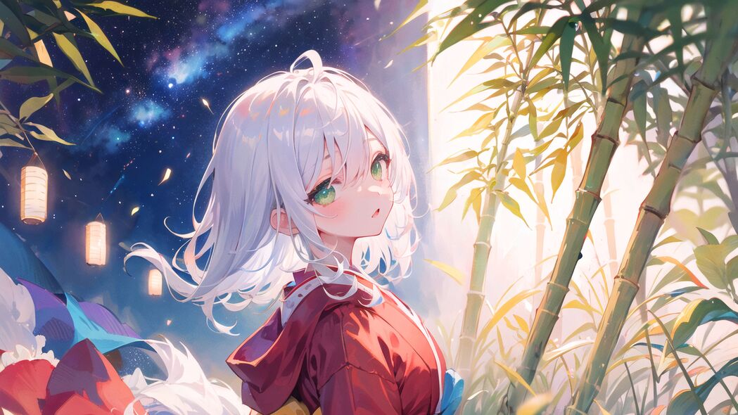 女孩和服竹影，灯笼映照星空，绝美动漫4K壁纸，3840x2160高清下载