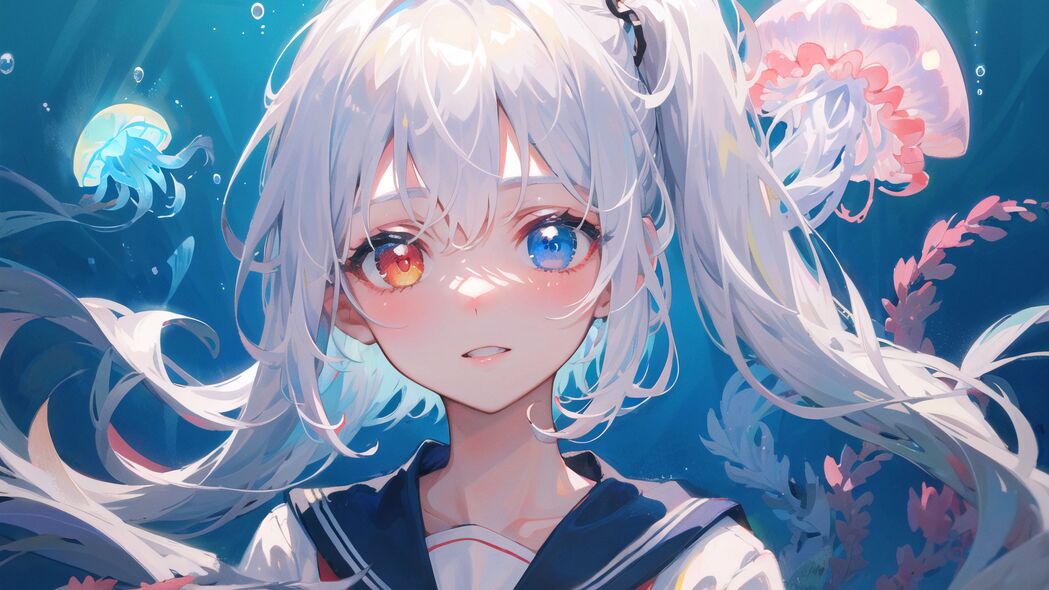 女孩漫游异色水母世界，绝美4K动漫壁纸，3840x2160高清下载