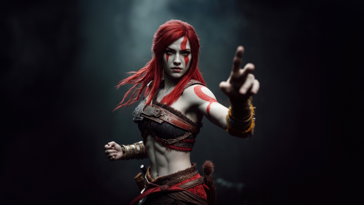 战神女神5K壁纸，Female Kratos高清游戏美图，5120x2880免费下载