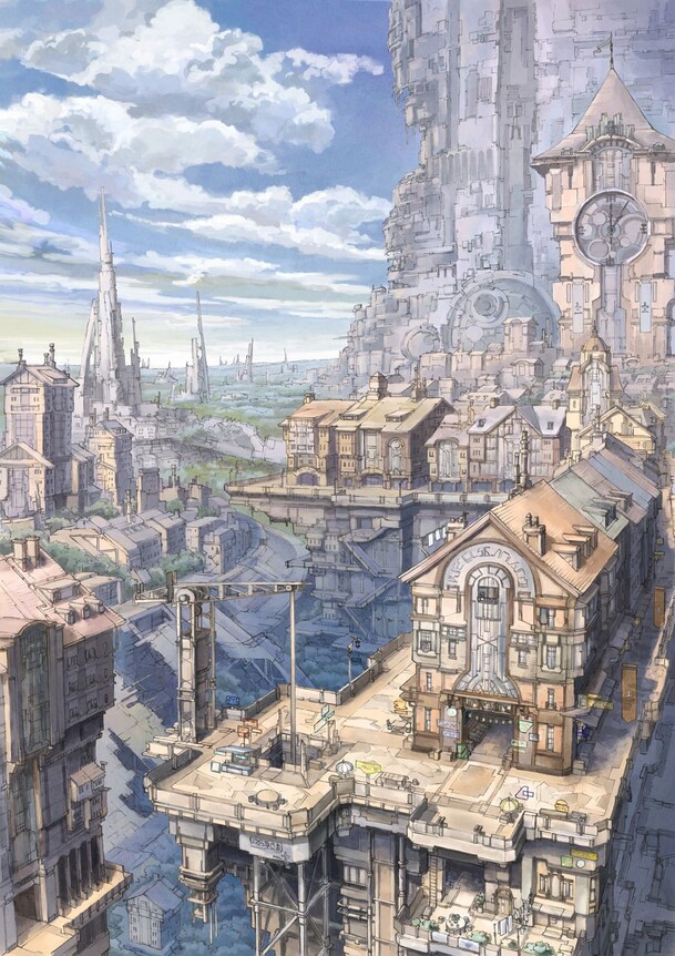 古老建筑彩绘立绘，高清PNG云朵背景，卡通手绘设计素材下载