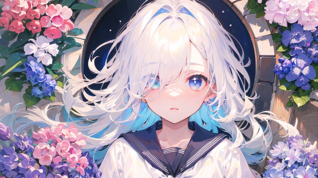 女孩水手服花间倩影，4K超清动漫壁纸，3840x2160高清下载