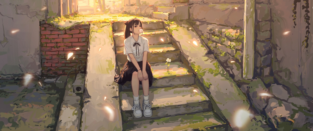 可爱女孩坐巷阶，苔藓小花映眼帘，4K带鱼屏壁纸高清享