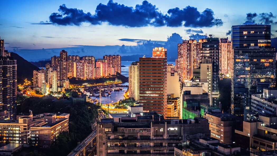 晚上海湾城市建筑灯光美景，4K高清壁纸，3840x2160超清下载