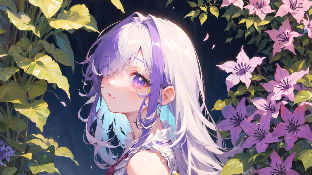 动漫女孩连衣裙花叶一瞥，高清4K壁纸3840x2160，免费下载欣赏