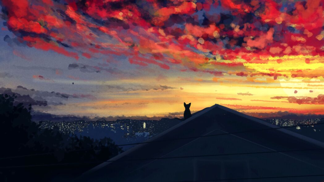 夜晚猫跃屋顶，云卷云舒艺术景，4K高清壁纸3840x2160免费下载