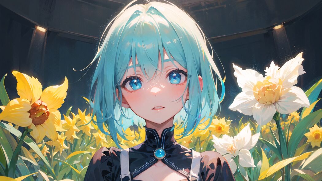 女孩连衣裙动漫艺术，鲜花绽放4K高清壁纸，3840x2160超高清下载