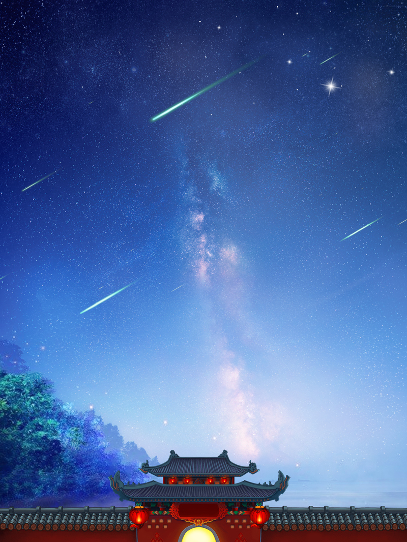古典夜空下的唯美城门海报背景，复古中国风PSD/JPG高清设计素材下载