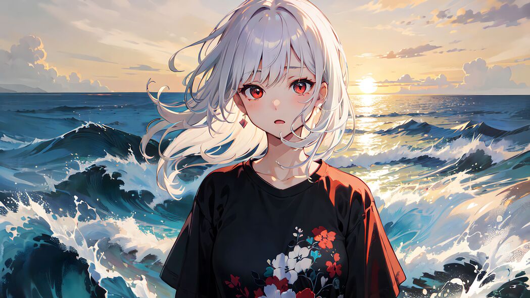 女孩与海的浪漫邂逅，4K高清动漫波浪壁纸，3840x2160超高清下载