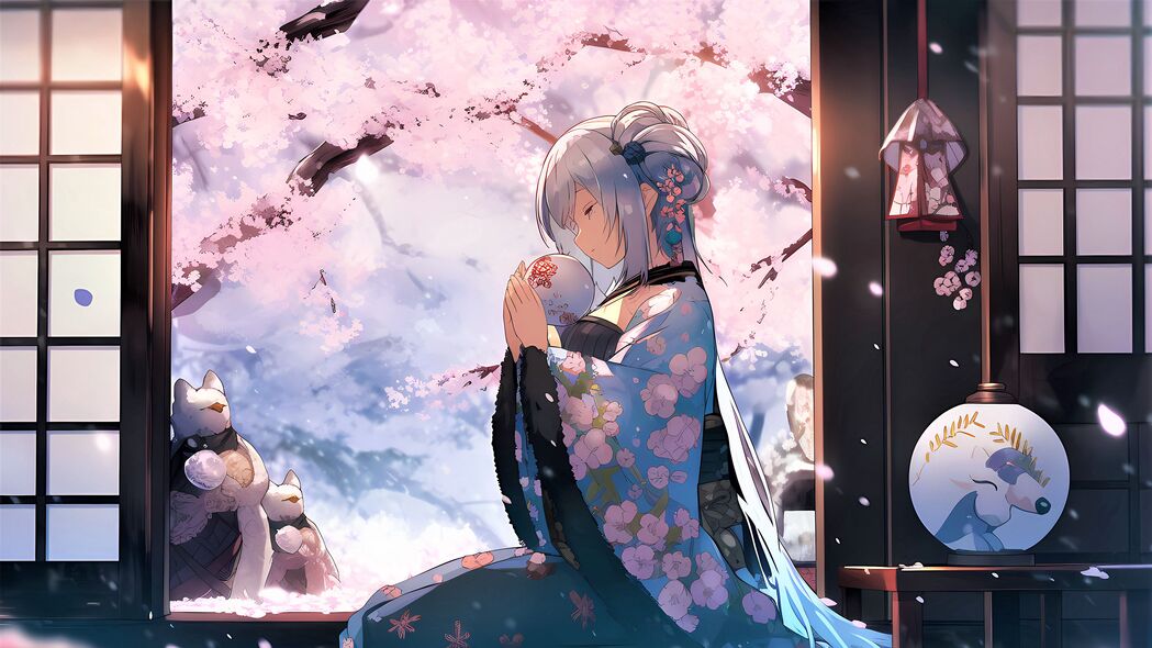 女孩和服赏樱动漫，绝美4K壁纸，3840x2160高清下载