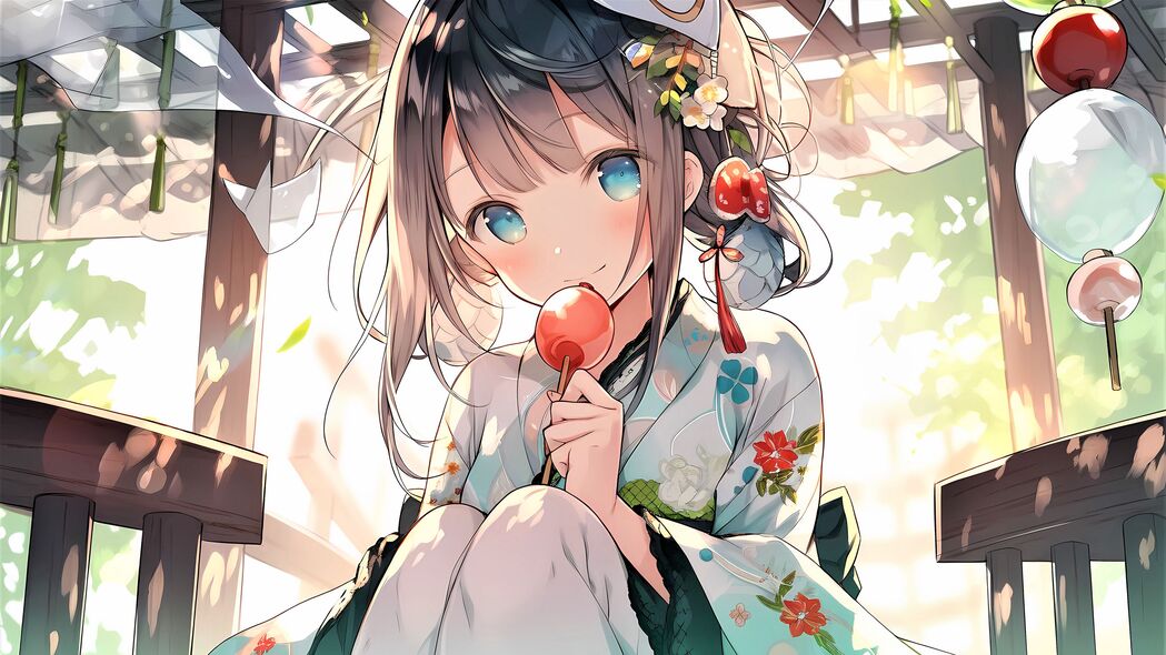 女孩微笑装饰和服，糖果色动漫风格，4K超清壁纸3840x2160下载