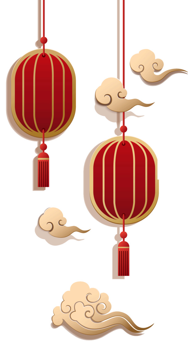 中国风国潮红灯笼祥云PNG素材，高清透明，元旦春节元宵节日必备设计元素