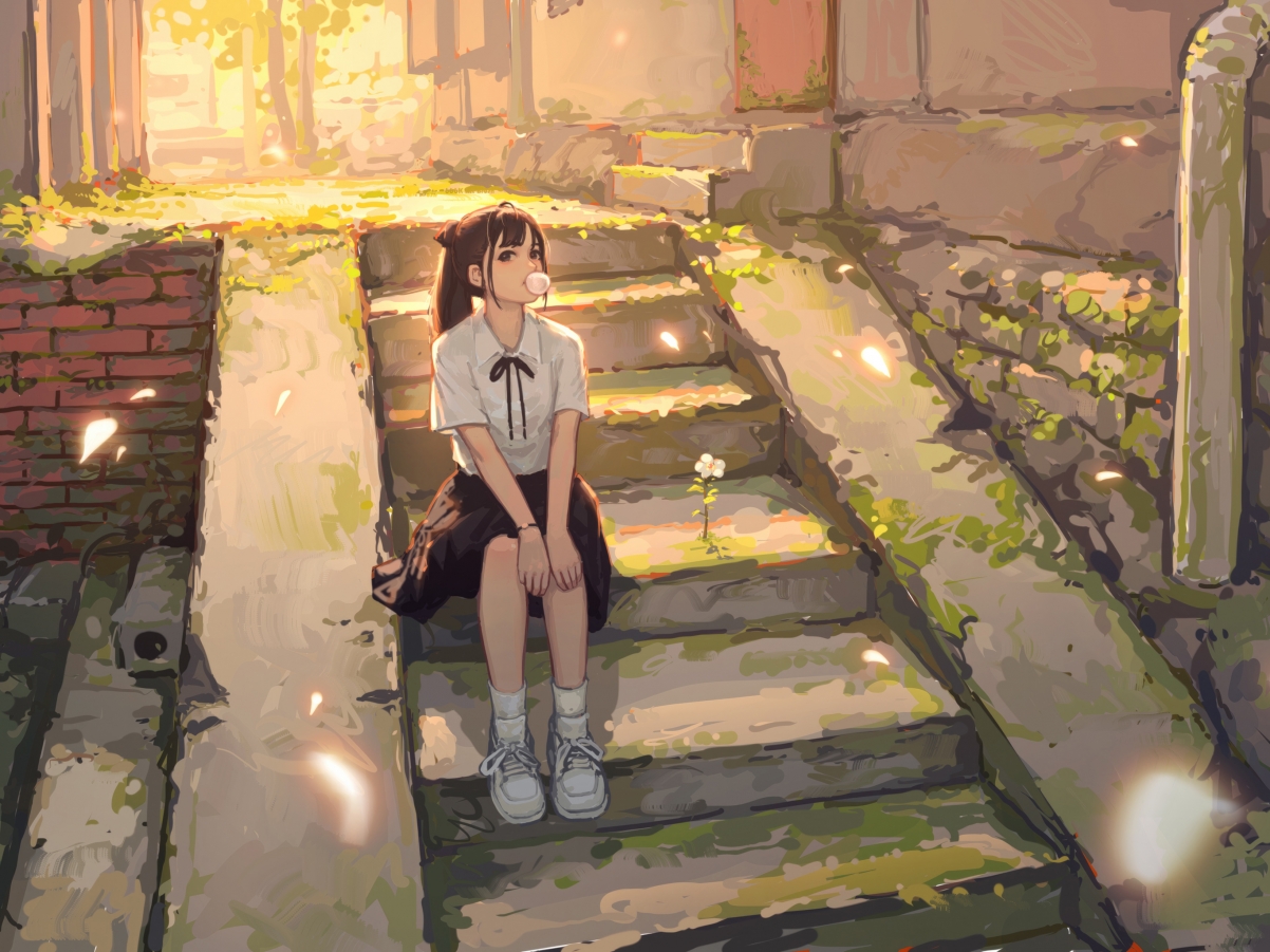 小巷台阶上的可爱女孩，高清动漫平板壁纸，2732x2048分辨率，免费下载