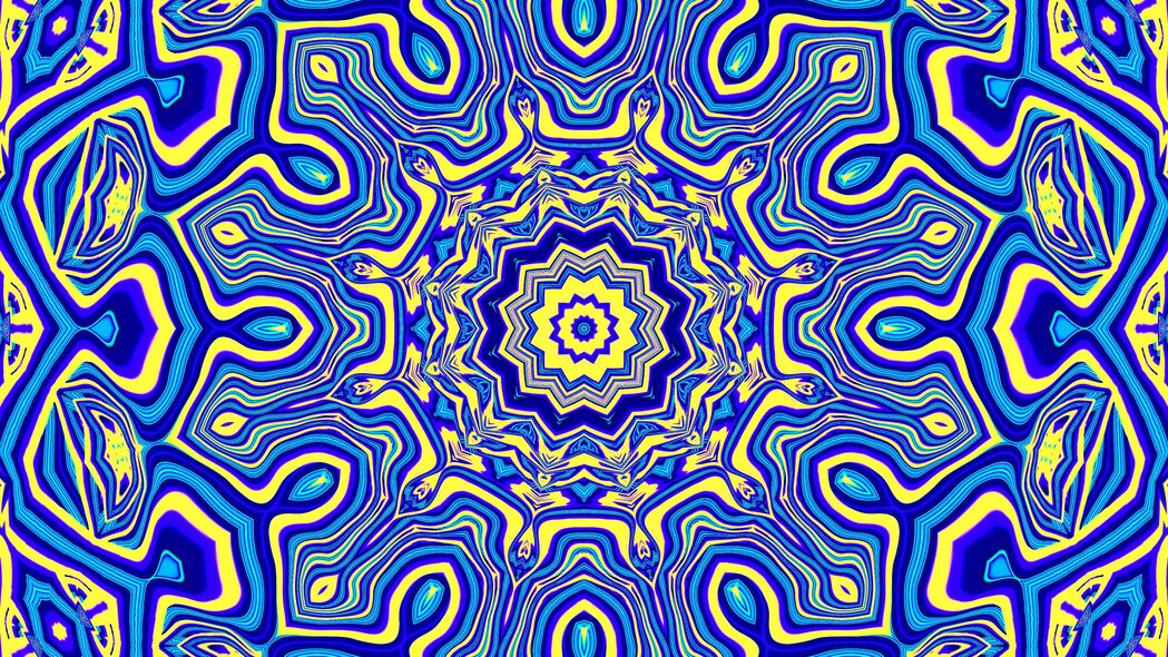 分形艺术万花筒，抽象形状蓝黄交融，高清4K壁纸3840x2160免费下载