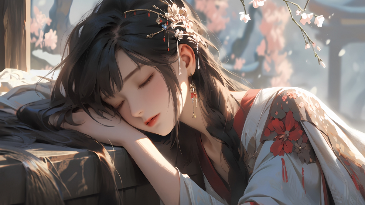 国风动漫美女梅花绘画，趴着入梦4K超清壁纸，3840x2160高清下载
