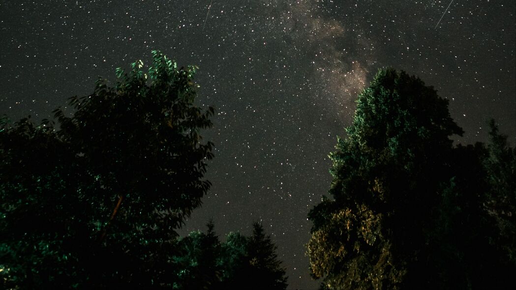 银河星空夜晚美景，树木映衬4K超高清壁纸，3840x2160分辨率下载