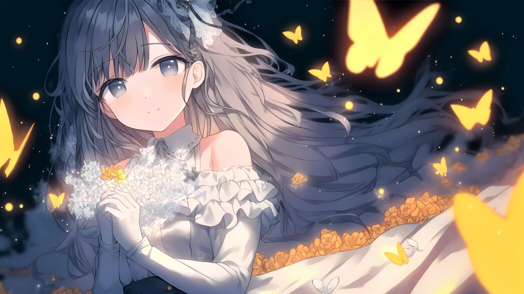 4K高清动漫壁纸，女孩与花连衣裙唯美画面，3840x2160分辨率下载