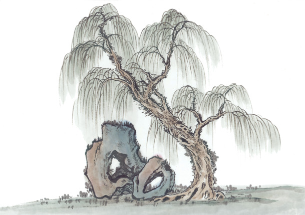垂柳中国画，高清PNG透明装饰元素，笔触墨迹设计素材下载
