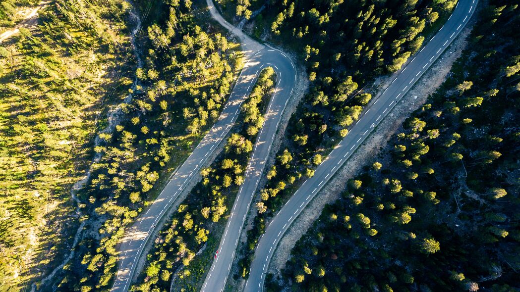 道路转弯处的树木鸟瞰，绝美4K风景壁纸，3840x2160高清下载