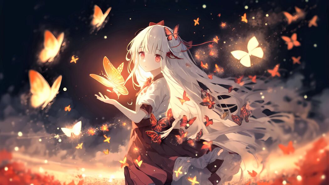 女孩与蝴蝶共舞，梦幻发光4K动漫壁纸，高清3840x2160下载
