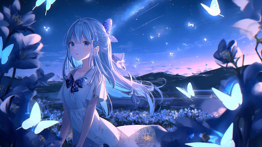 夜晚中的蝴蝶女孩，梦幻动漫4K高清壁纸，3840x2160分辨率下载
