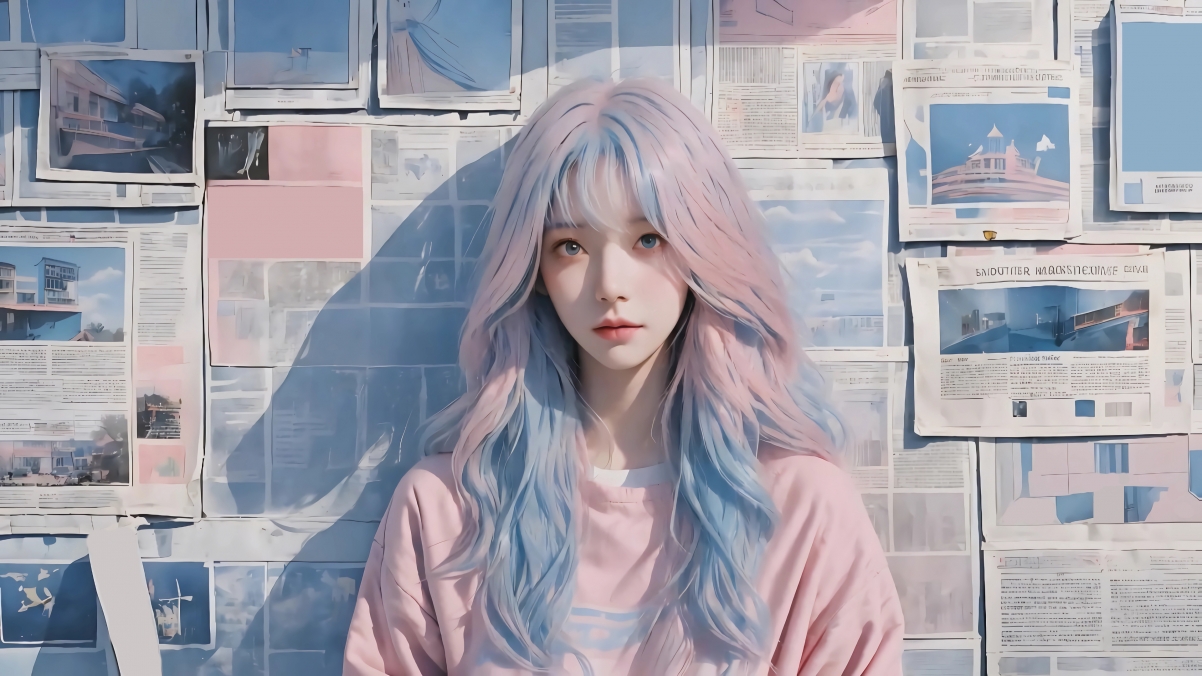 粉红蓝发少女动漫壁纸，4K高清大图，报纸墙背景，3840x2160分辨率下载