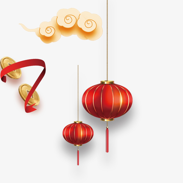 中国风灯笼祥云PNG透明图片，高清装饰元素，设计素材免费下载