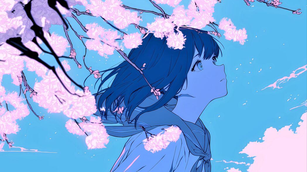 动漫女孩一瞥风情，蓝色花海梦幻背景，4K超高清壁纸3840x2160免费下载