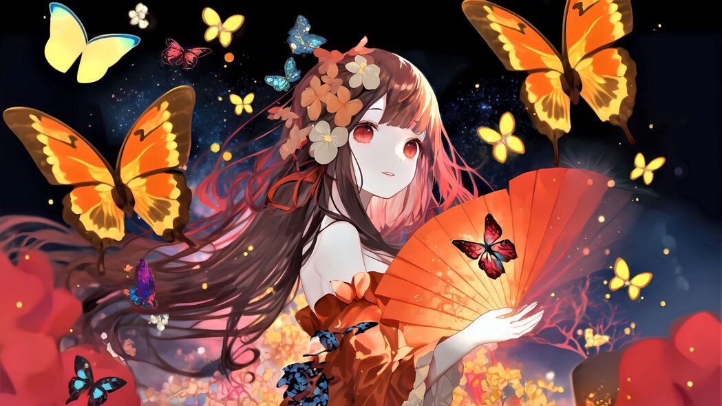 动漫女孩与花之舞，4K高清壁纸，蝴蝶风扇点缀，3840x2160免费下载