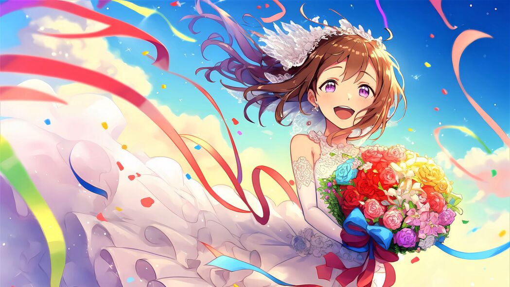 新娘微笑绽放，动漫女孩鲜花相伴，超高清4K壁纸下载（3840x2160）