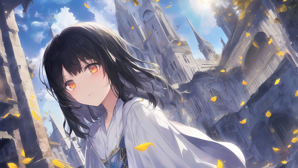 动漫女孩，唯美花瓣眼神，高清4K和服壁纸（3840x2160）下载