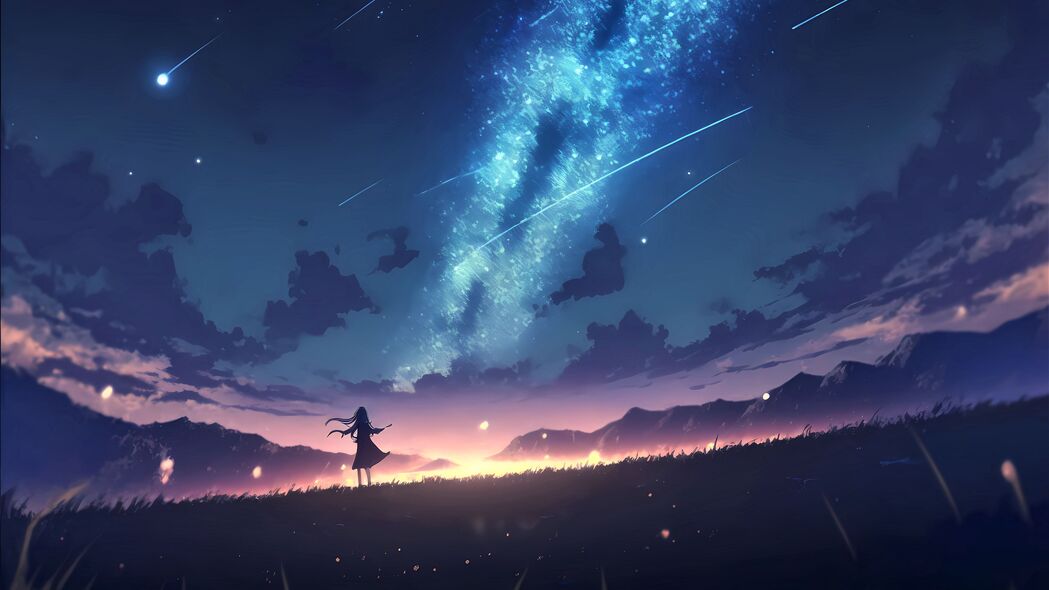 女孩剪影夜绘银河，星光璀璨动漫壁纸，高清4K分辨率3840x2160下载