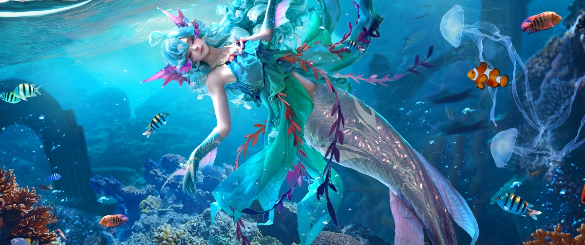 美人鱼朵莉亚Cosplay惊艳亮相！3440x1440带鱼屏4K高清壁纸，游戏美图任你下载