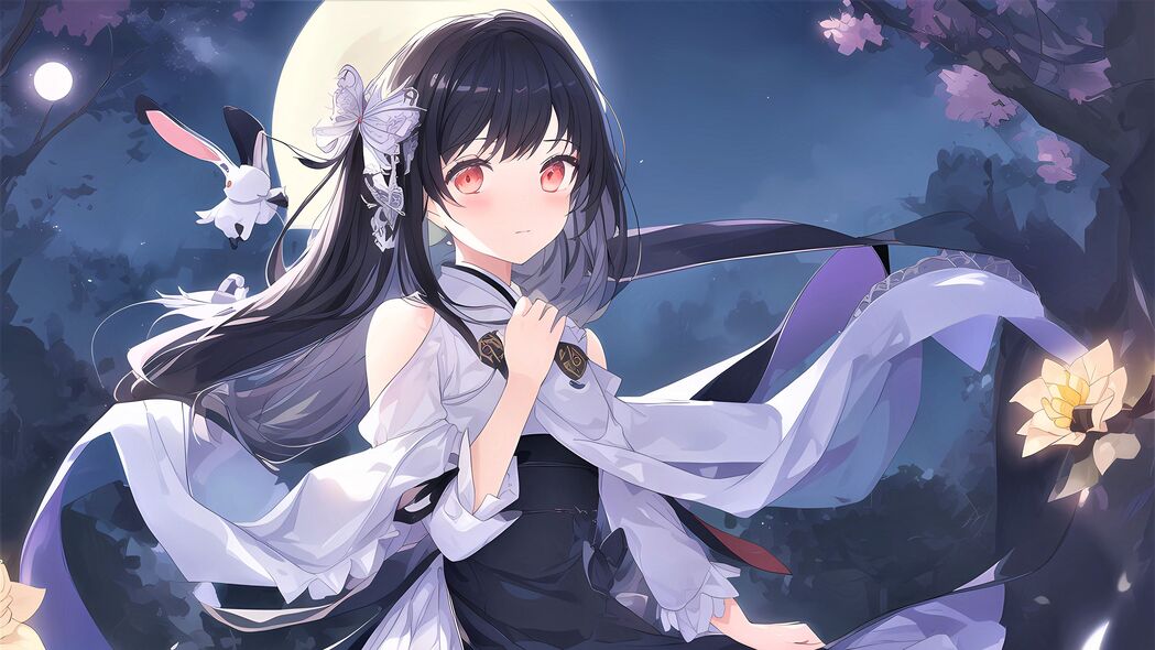 女孩与蝴蝶共舞，月下动漫幻境，精选4K超清壁纸（3840x2160）免费下载