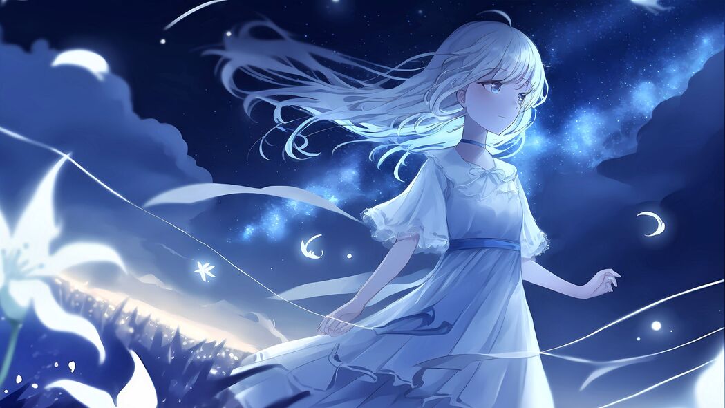 女孩夜风动漫蓝色风情，4K超清壁纸3840x2160，高清下载享不停