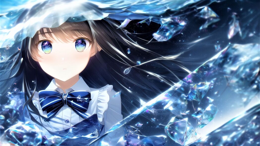 女孩之眼，蓝色蝴蝶舞动水波，绝美4K动漫壁纸，3840x2160高清下载