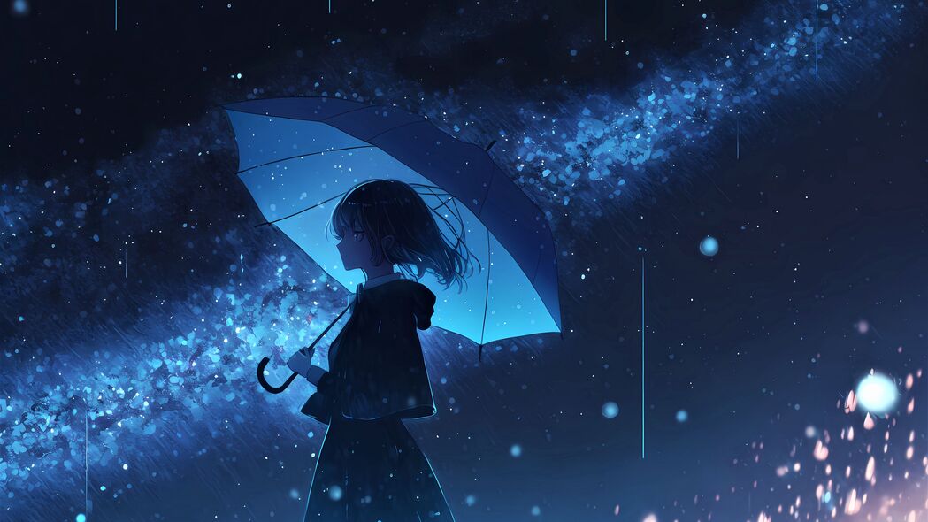 动漫女孩雨中撑伞，唯美蓝色4K壁纸，3840x2160高清下载