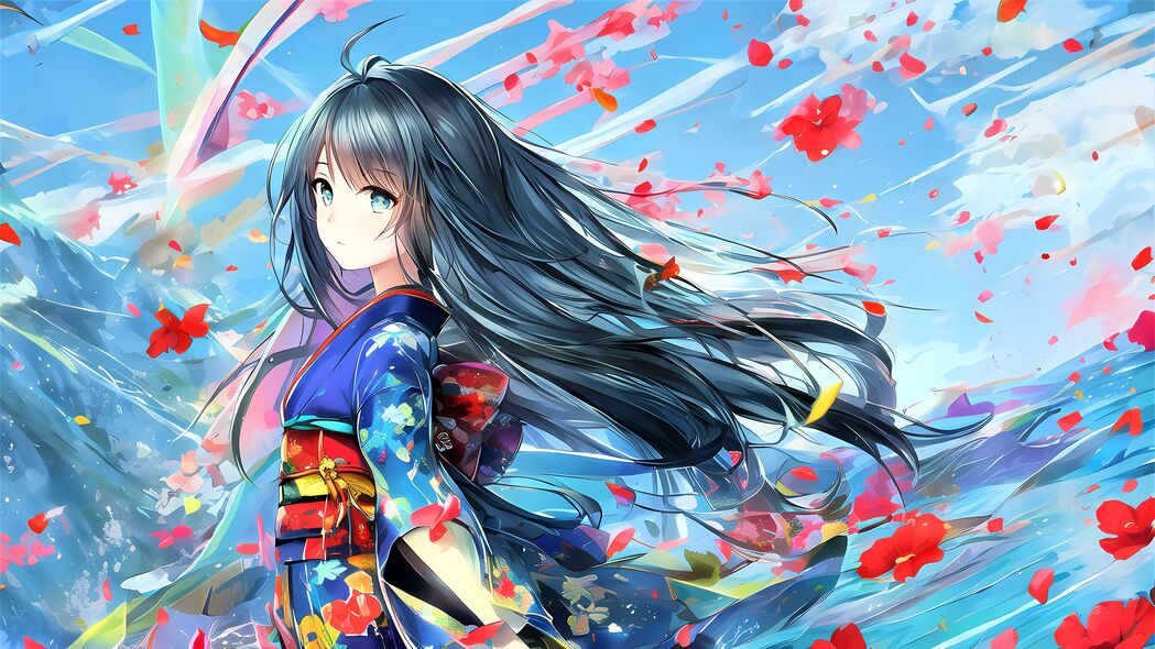 和风动漫女孩4K超高清壁纸，和服花影绽放，3840x2160精美下载