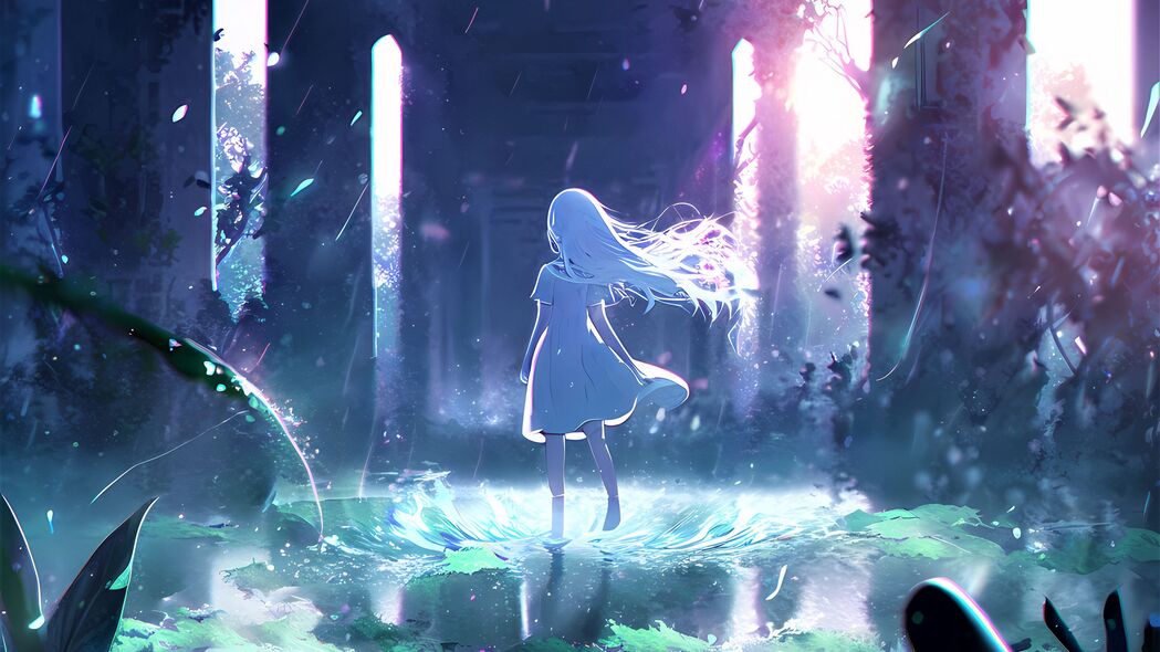 动漫女孩剪影，水波辉光映照，超清4K壁纸，3840x2160高清下载