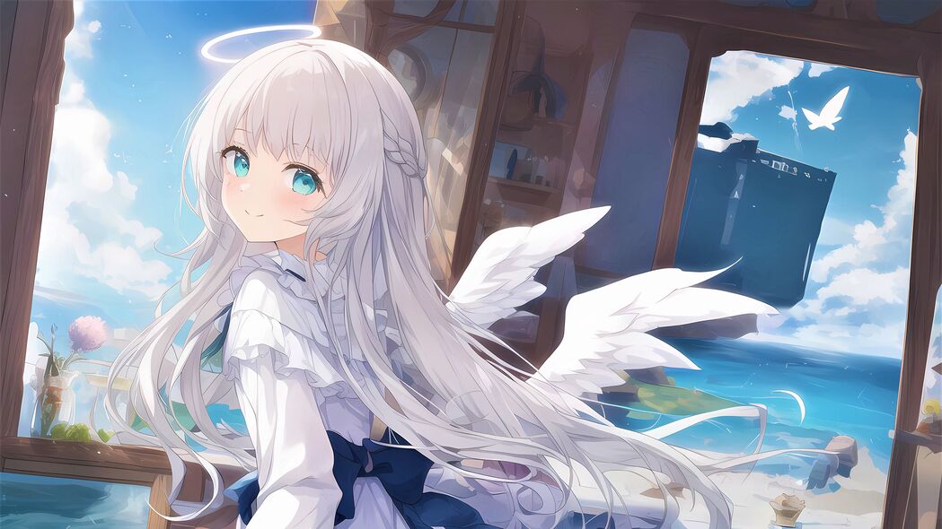 女孩微笑天使，梦幻光环翅膀，4K超高清动漫壁纸（3840x2160）免费下载