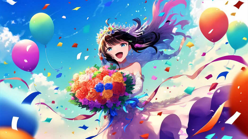动漫新娘微笑花束，绝美4K高清壁纸，3840x2160超清下载