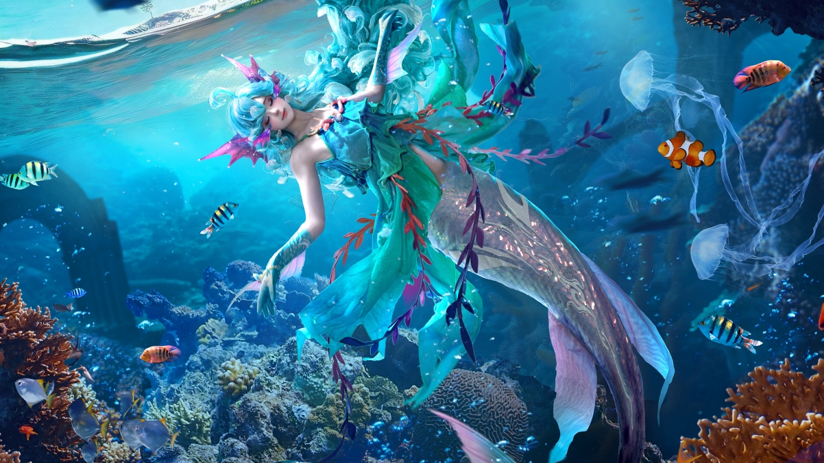 美人鱼与人鱼公主朵莉亚Cosplay绝美呈现！王者荣耀4K高清壁纸，3840x2160超清画质，一键下载尽享视觉盛宴！