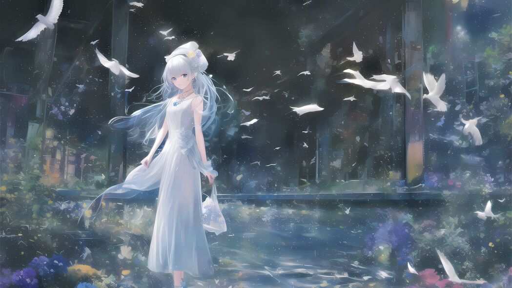 温柔女孩与鸟共舞，高清4K动漫连衣裙壁纸（3840x2160）下载