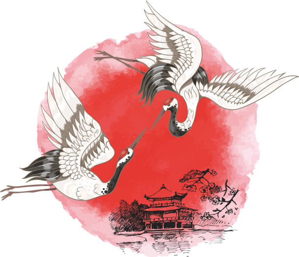 国潮仙鹤古风PNG透明图片，动植物元素设计素材，高清下载