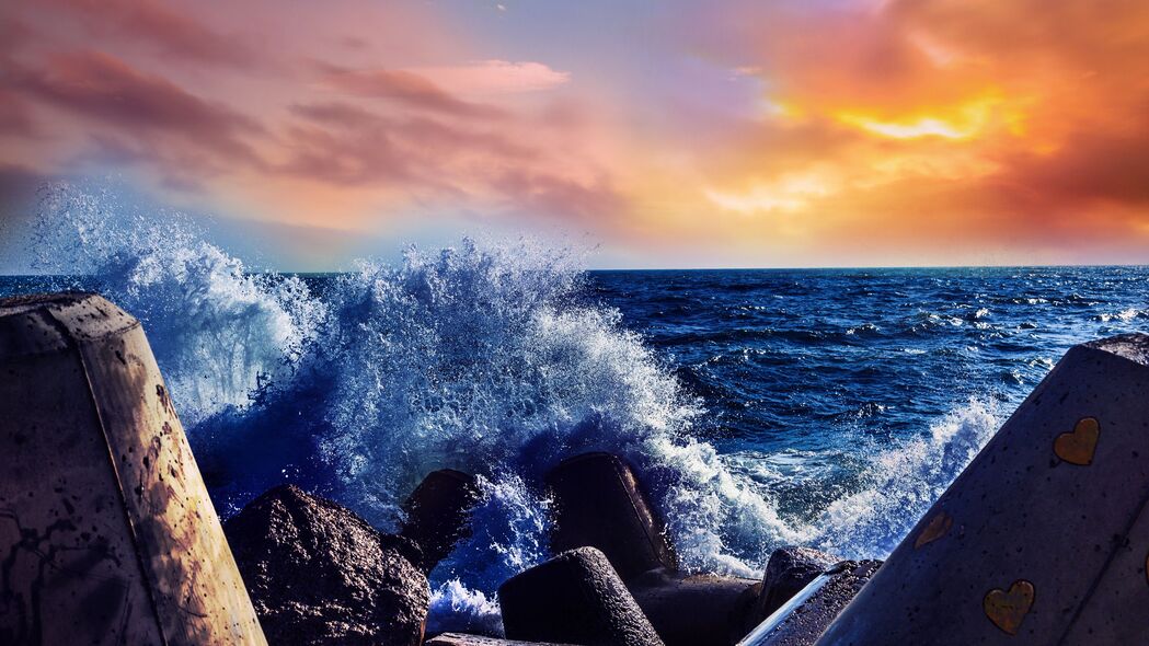 海洋狂涌，飞溅碎石，绝美4K高清壁纸（3840x2160）下载