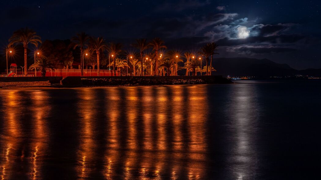 夜晚长廊棕榈树灯光水景反射，深色系4K超高清壁纸（3840x2160）免费下载