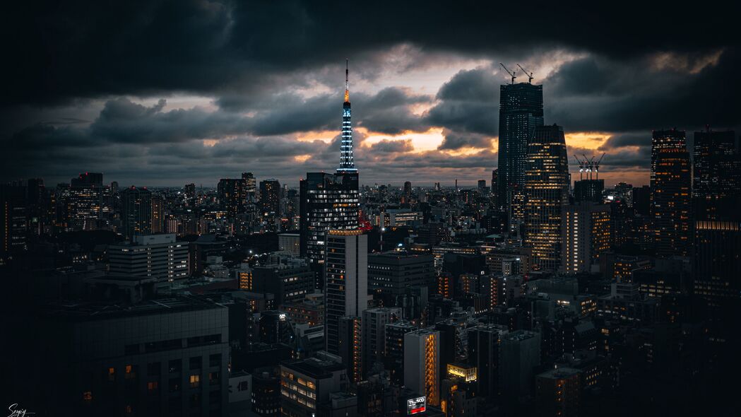 塔映黄昏，建筑灯光璀璨，城市云景，绝美4K壁纸（3840x2160高清下载）