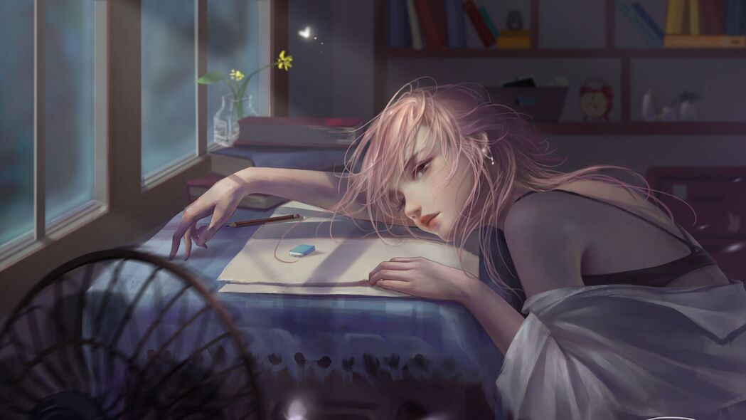 女孩倚桌悲情艺术，高清4K壁纸，3840x2160超清背景图片下载