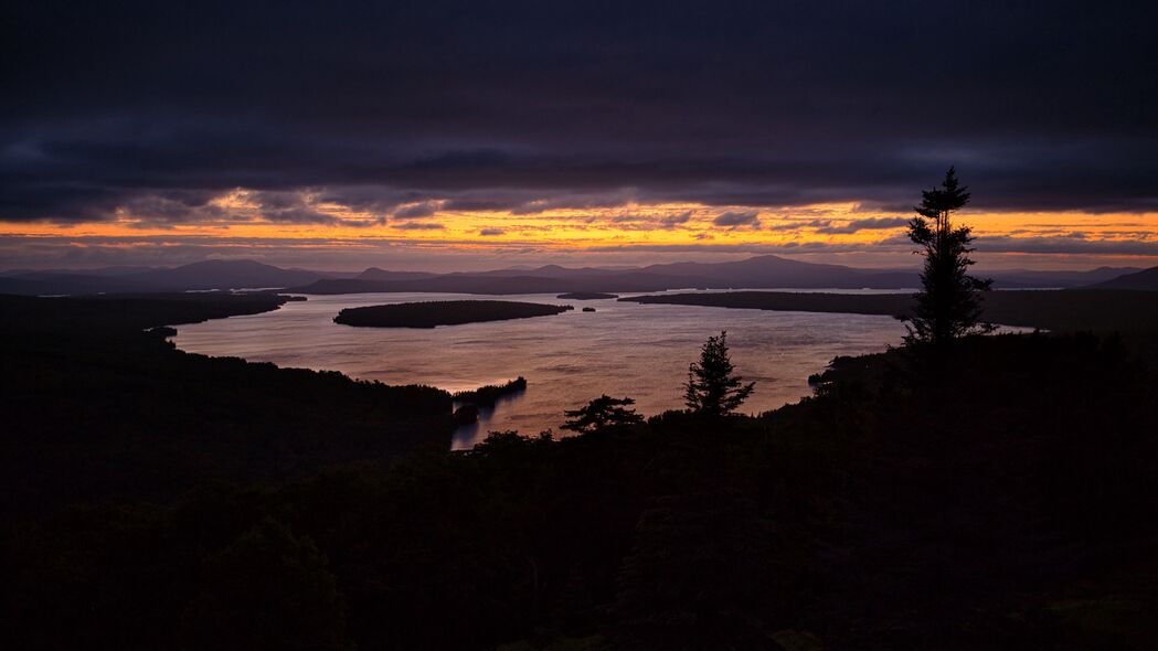 河流岛屿剪影，黄昏树木美景，4K高清壁纸下载，3840x2160超清背景